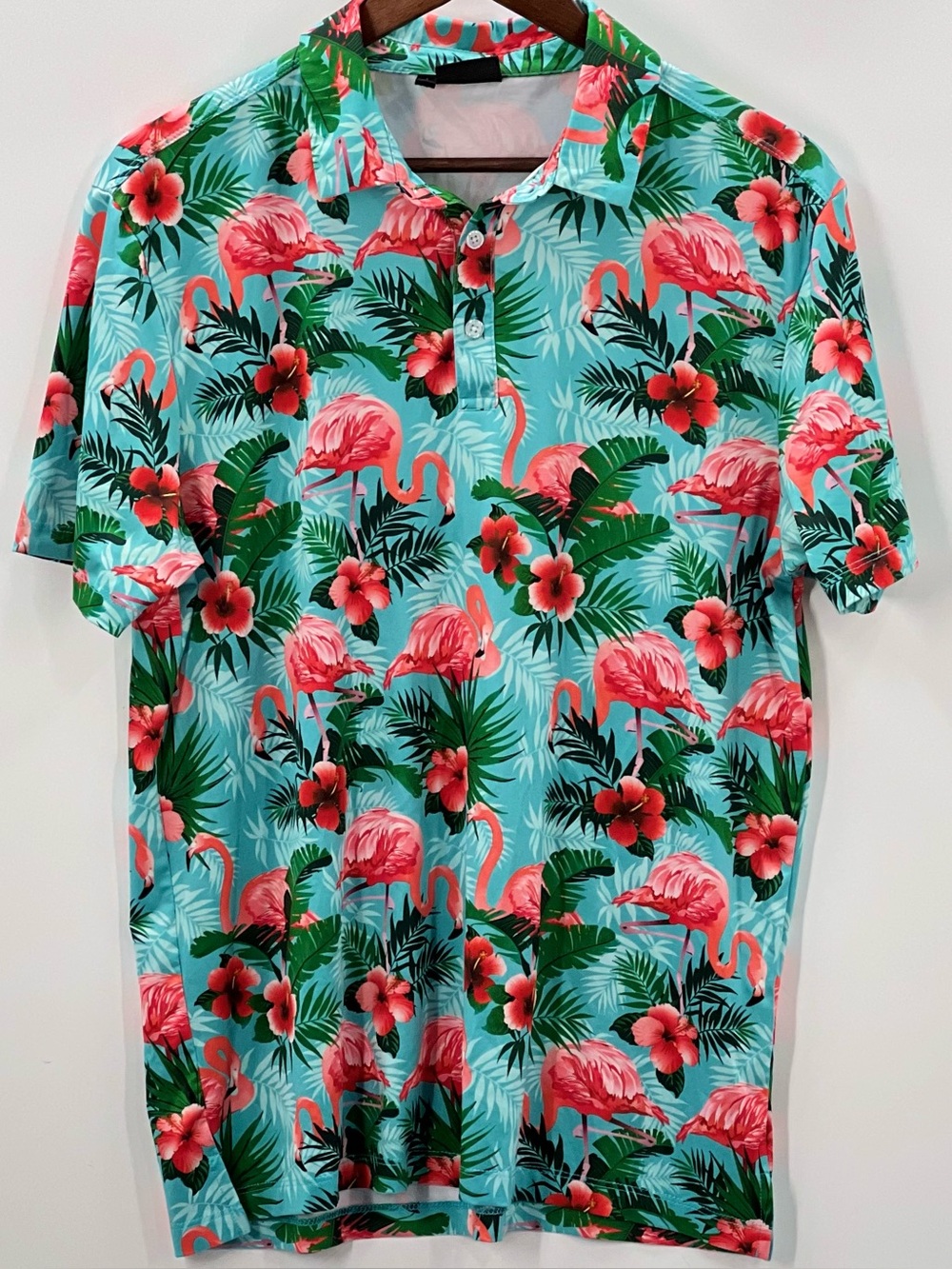 400 Yatta Golf Tropical Flamingo Print Polo Shirt - Turquoise & Pink